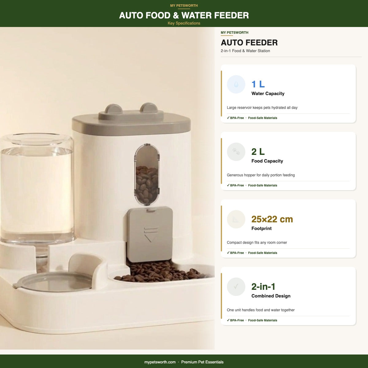Dimensions of the 2-in-1 pet feeder: 25 x 23 x 20 cm — My Petsworth