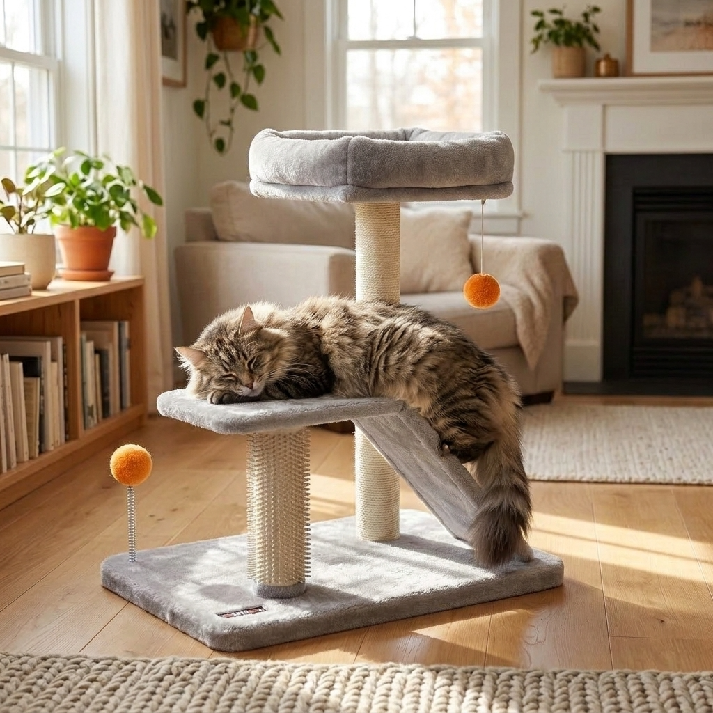 Cat using the scratching ramp on the two tier post — My Petsworth