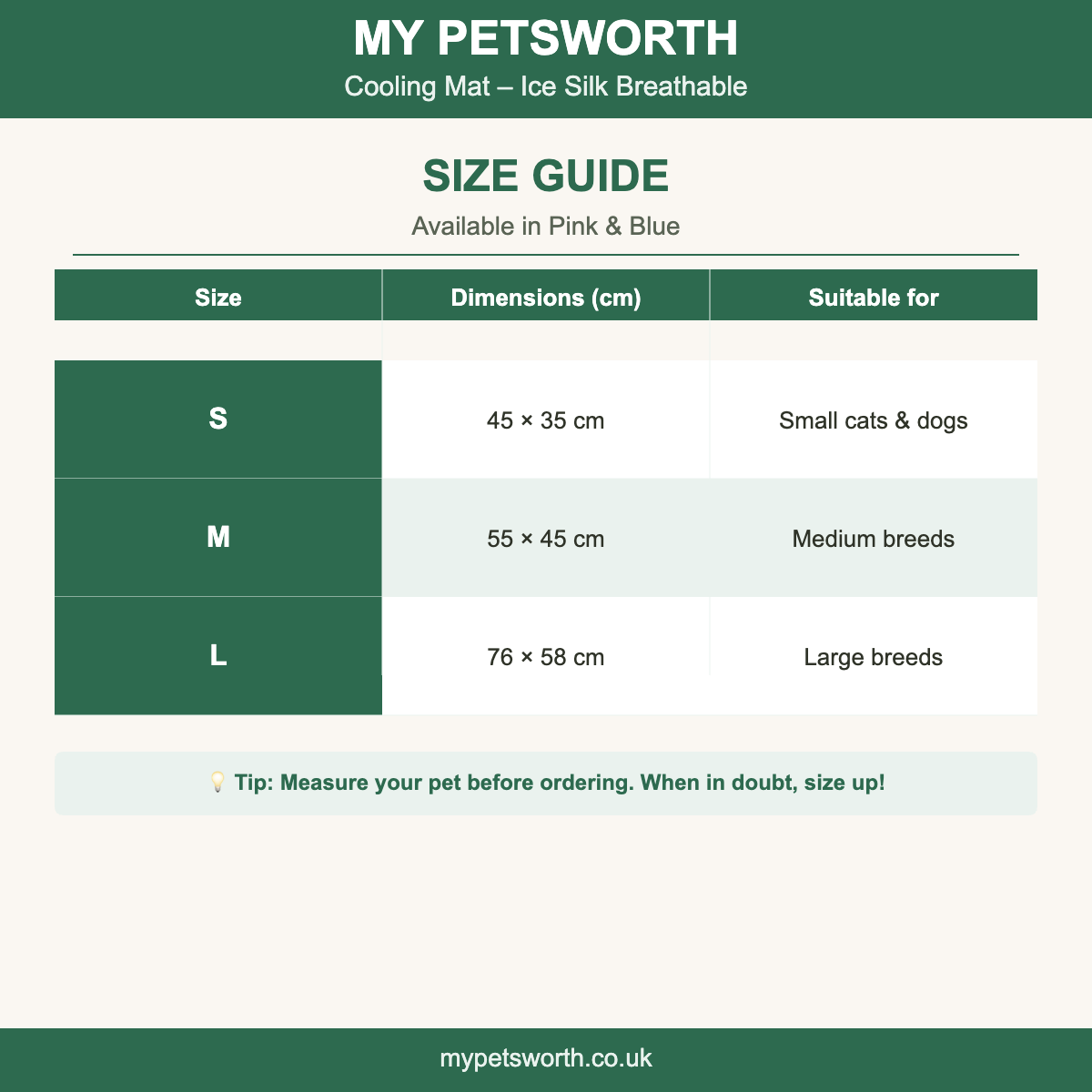 Ice silk breathable cooling mat size chart — My Petsworth