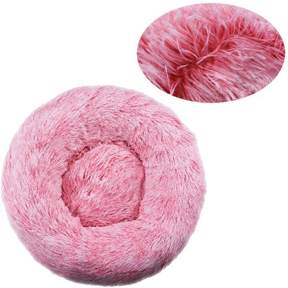 Round plush dog bed in warm taupe - My Petsworth
