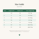 Size guide for the waterproof anti-slip rain boots for small dogs & cats showing measurements in centimetres for each size