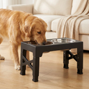 Dog eating from the elevated bowl stand in a living room