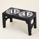 Adjustable elevated dog bowl stand with two stainless steel bowls on a cream background
