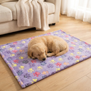 Purple fleece pet blanket with paw print design for cats & dogs, lifestyle photo