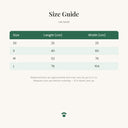 Size guide for the fleece pet blanket with paw print design for cats & dogs showing measurements in centimetres for each size