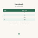 Size guide for the noise-reduction calming ear muffs for dogs showing measurements in centimetres for each size