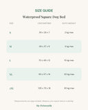 Size chart for the waterproof square dog bed, S to 2XL in centimetres