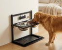 Dog eating from the wall-mounted bowl rack at home