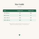 Size guide for the waterproof dog bed cover for dogs showing measurements in centimetres for each size