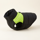 Black/Green padded winter dog coat with waterproof shell and D-ring, studio photo
