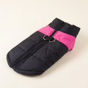 Black/Pink padded winter dog coat with waterproof shell and D-ring, studio photo