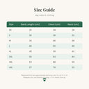 Size guide for the padded winter dog coat with waterproof shell and d-ring showing measurements in centimetres for each size (1 of 2)