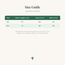 Size guide for the padded winter dog coat with waterproof shell and d-ring showing measurements in centimetres for each size (2 of 2)