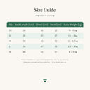 Size guide for the soft fleece sweater for cats & small dogs showing measurements in centimetres for each size