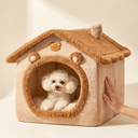 Yellow cosy house-shaped pet bed for dogs & cats, scale photo