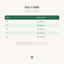 Size guide for the washable dog nappies for female dogs showing measurements in centimetres for each size