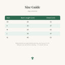 Size guide for the santa claus christmas costume for dogs & cats showing measurements in centimetres for each size