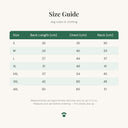 Size guide for the cosy fleece Christmas jumper for dogs showing measurements in centimetres for each size