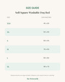 Size chart for the square dog and cat bed cushion, XXS to XL in centimetres