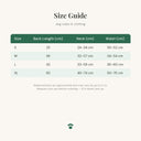 Size guide for the adjustable dog sanitary pants for female dogs in heat showing measurements in centimetres for each size