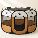 White and mustard foldable octagonal pet playpen on a cream background