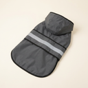 Grey waterproof dog raincoat with hood for small to large dogs, studio photo