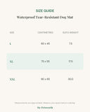 Size guide for the waterproof tear-resistant dog mat showing measurements in centimetres for each size