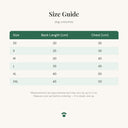 Size guide for the dinosaur cosplay fleece costume showing measurements in centimetres for sizes XS to XXL