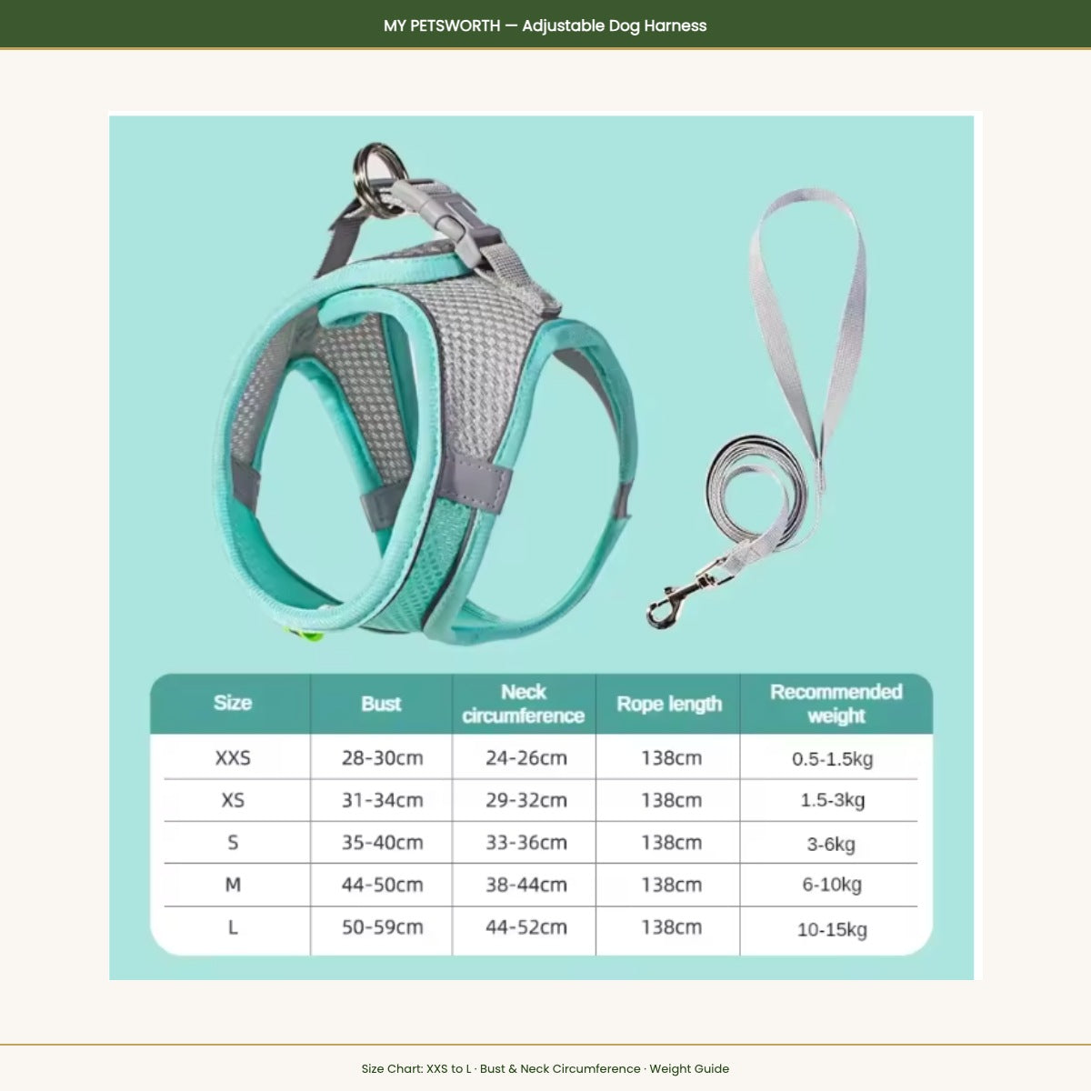 My Petsworth Adjustable Dog Harness size chart — XXS to L bust neck and weight guide — My Petsworth
