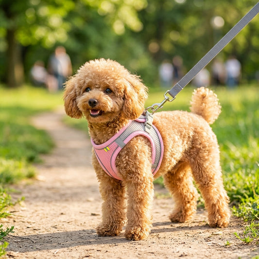 Small apricot Poodle wearing pink adjustable mesh dog harness with grey leash in park — My Petsworth