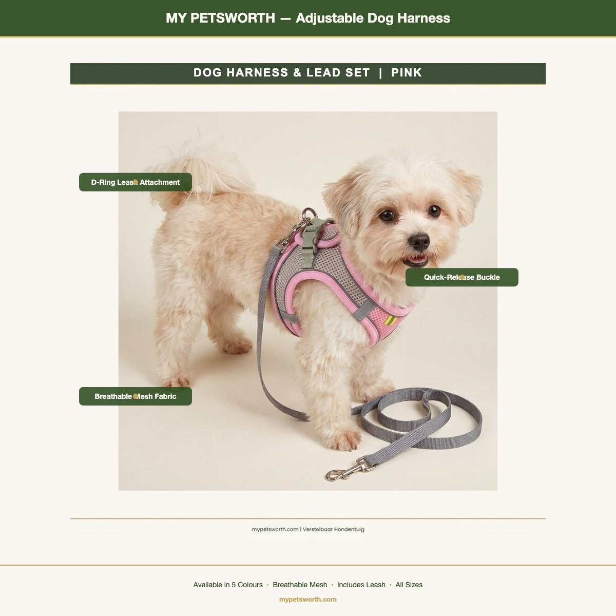 Feature infographic — Dog Harness & Lead Set with callouts for D-ring, quick-release buckle and breathable mesh fabric — My Petsworth