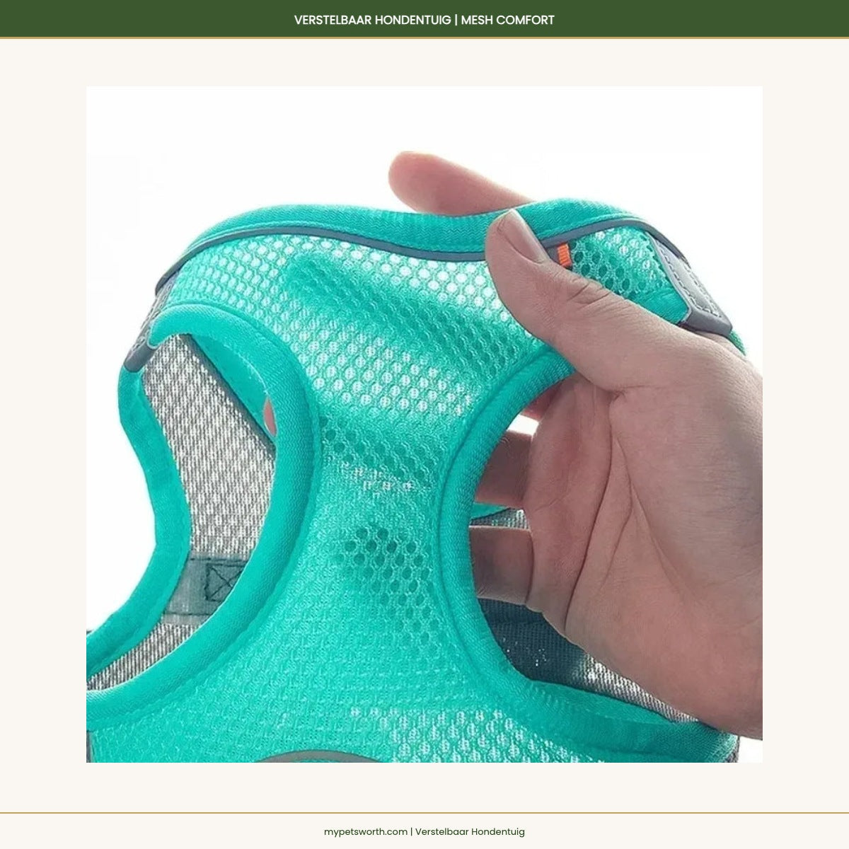 Hand holding the adjustable harness showing the breathable mesh — My Petsworth