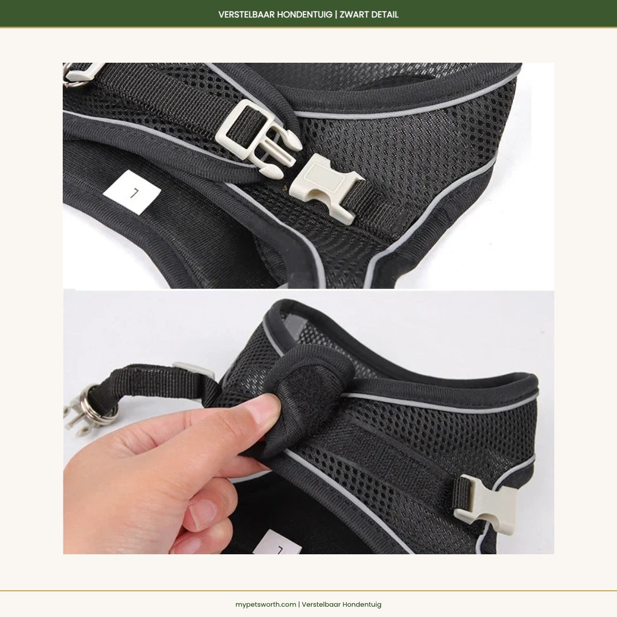 Close-up detail of the black adjustable dog harness — My Petsworth