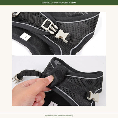 Close-up detail of the black adjustable dog harness — My Petsworth