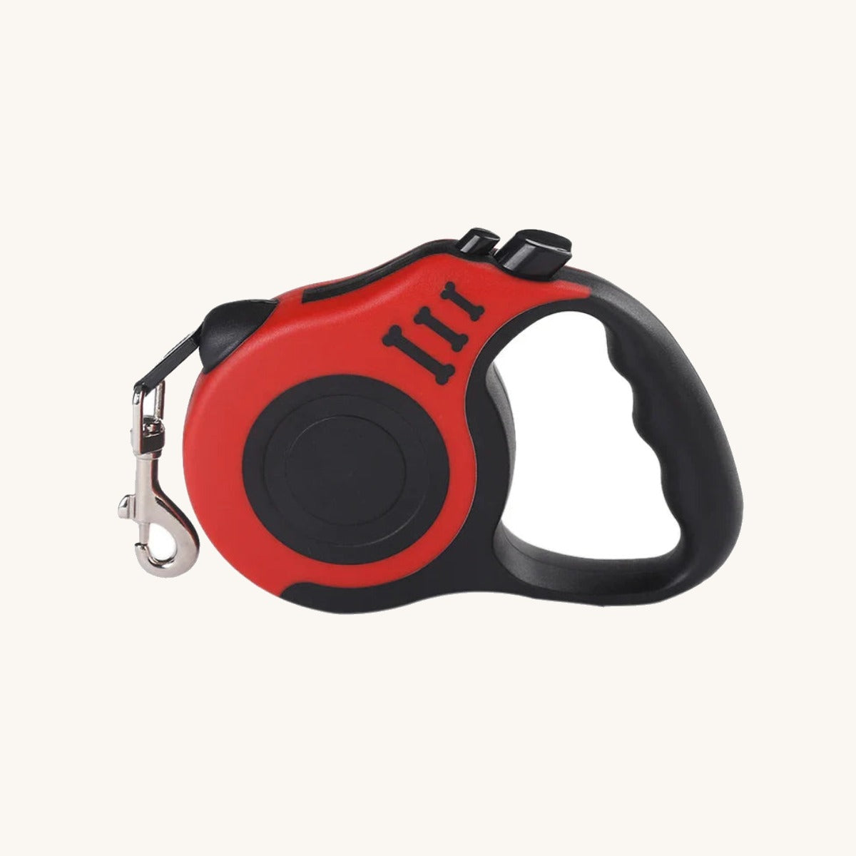 Retractable Dog Lead brake mechanism detail on cream background