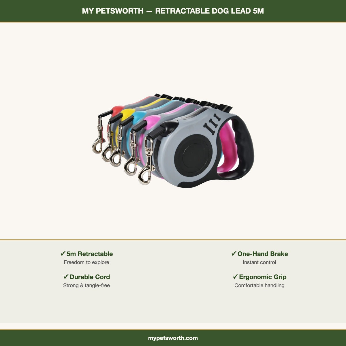 Retractable dog lead features, 3 m and 5 m — My Petsworth