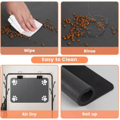 Absorbent feeding mat in use under pet bowls — My Petsworth