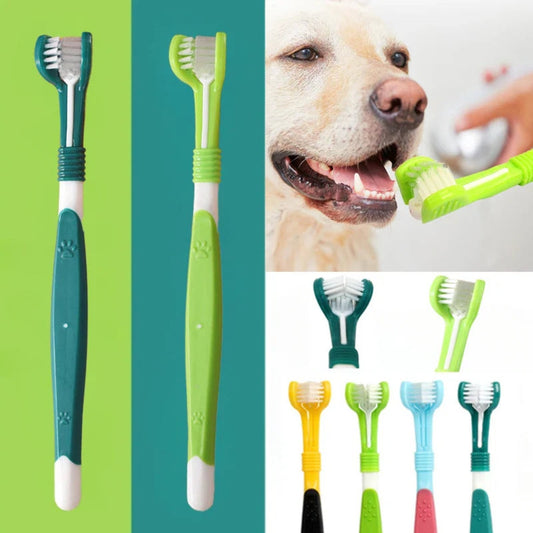 Three-sided pet toothbrush on a cream background — My Petsworth