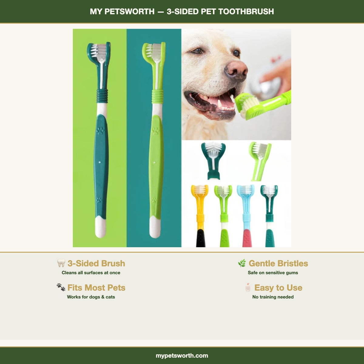 Three-sided pet toothbrush features — My Petsworth