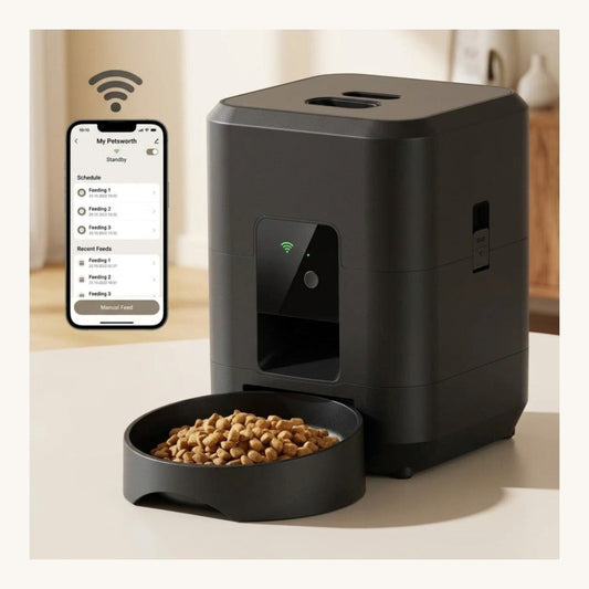 Black WiFi smart pet feeder with My Petsworth app on smartphone — My Petsworth