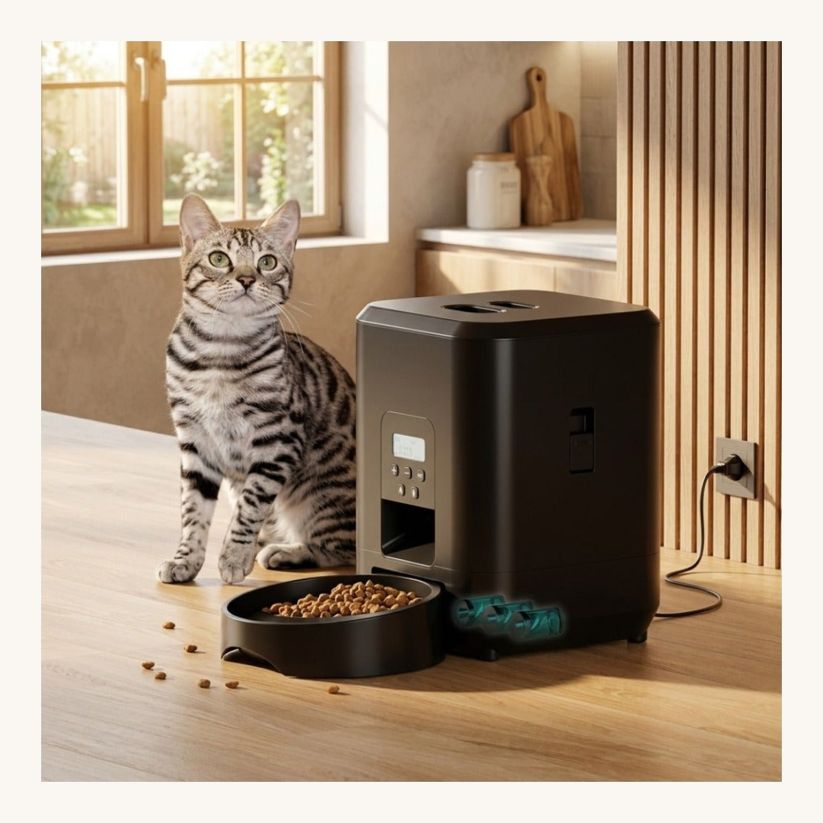 Tabby cat next to black smart pet feeder in warm modern kitchen — My Petsworth