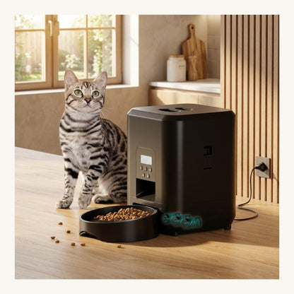 Tabby cat next to black smart pet feeder in warm modern kitchen — My Petsworth