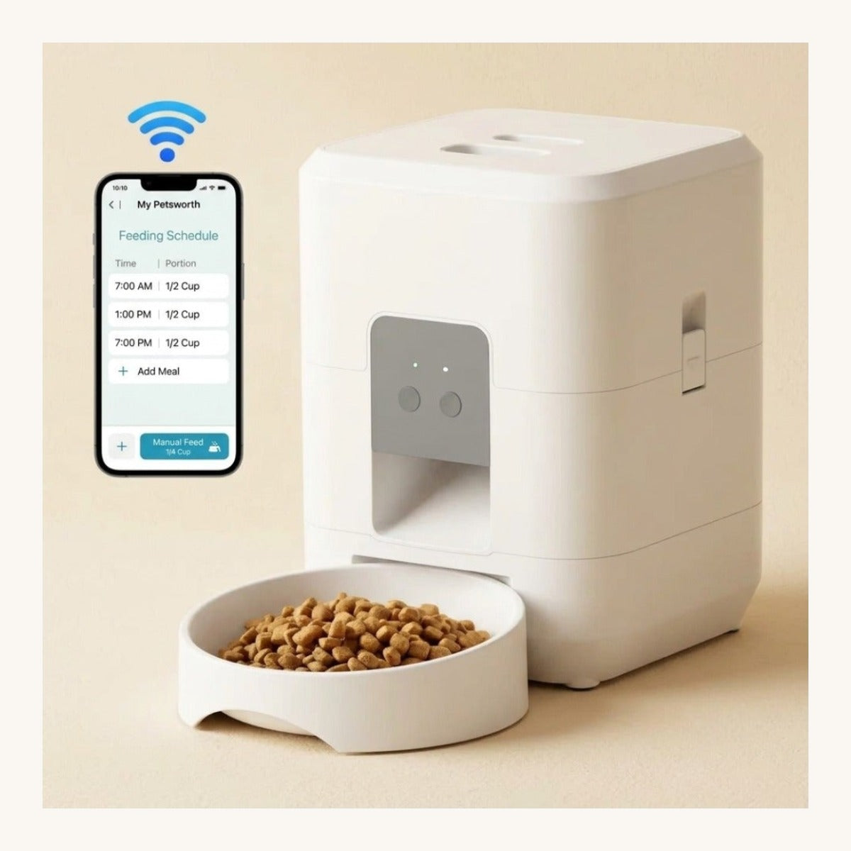 White WiFi smart pet feeder with My Petsworth scheduling app on smartphone — My Petsworth