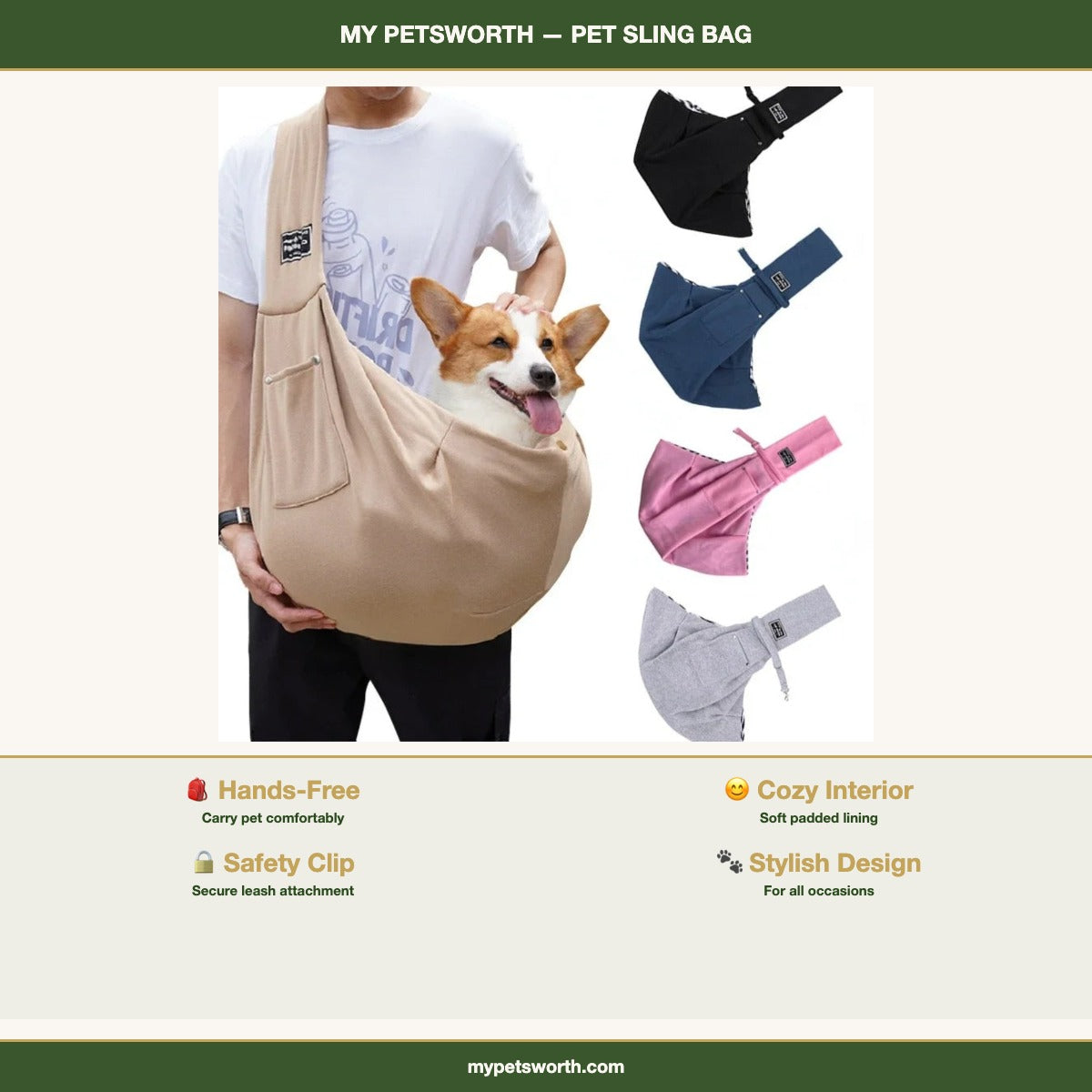 Pet sling carrier features and dimensions — My Petsworth