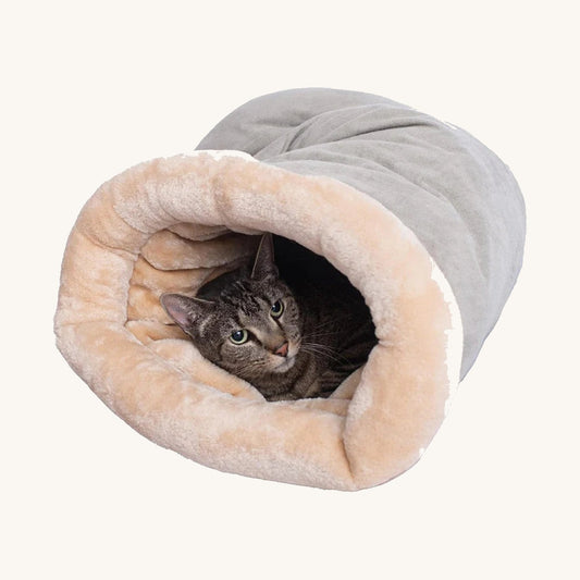 Grey semi-enclosed plush cat sleeping bag — My Petsworth