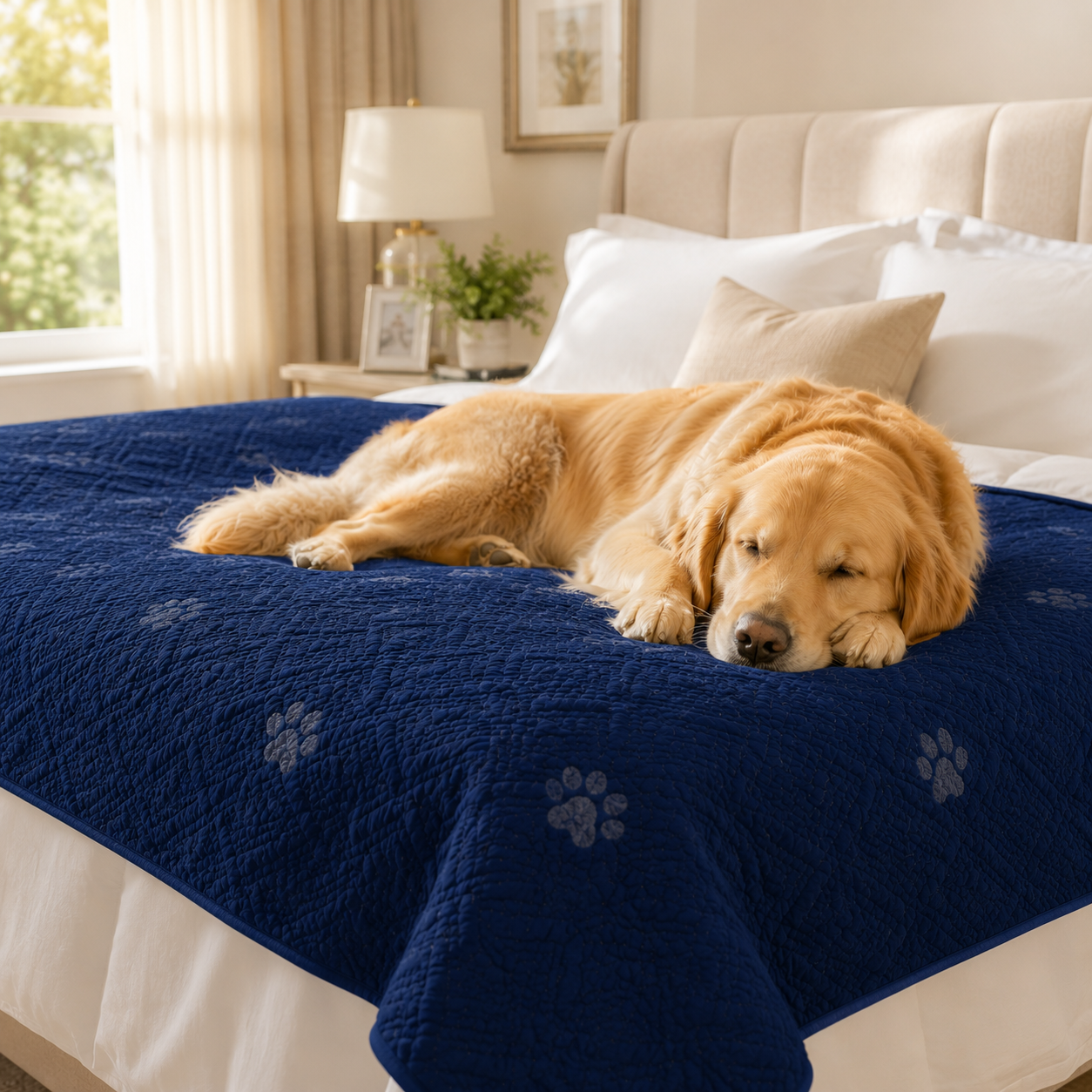 Golden retriever sleeping peacefully on navy blue waterproof furniture protector mat