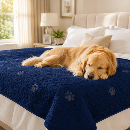 Golden retriever sleeping peacefully on navy blue waterproof furniture protector mat