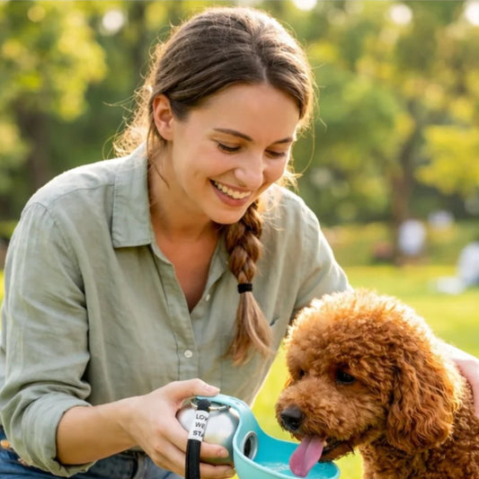 Woman and poodle enjoying a picnic with the My Petsworth Hydration Bottle — My Petsworth
