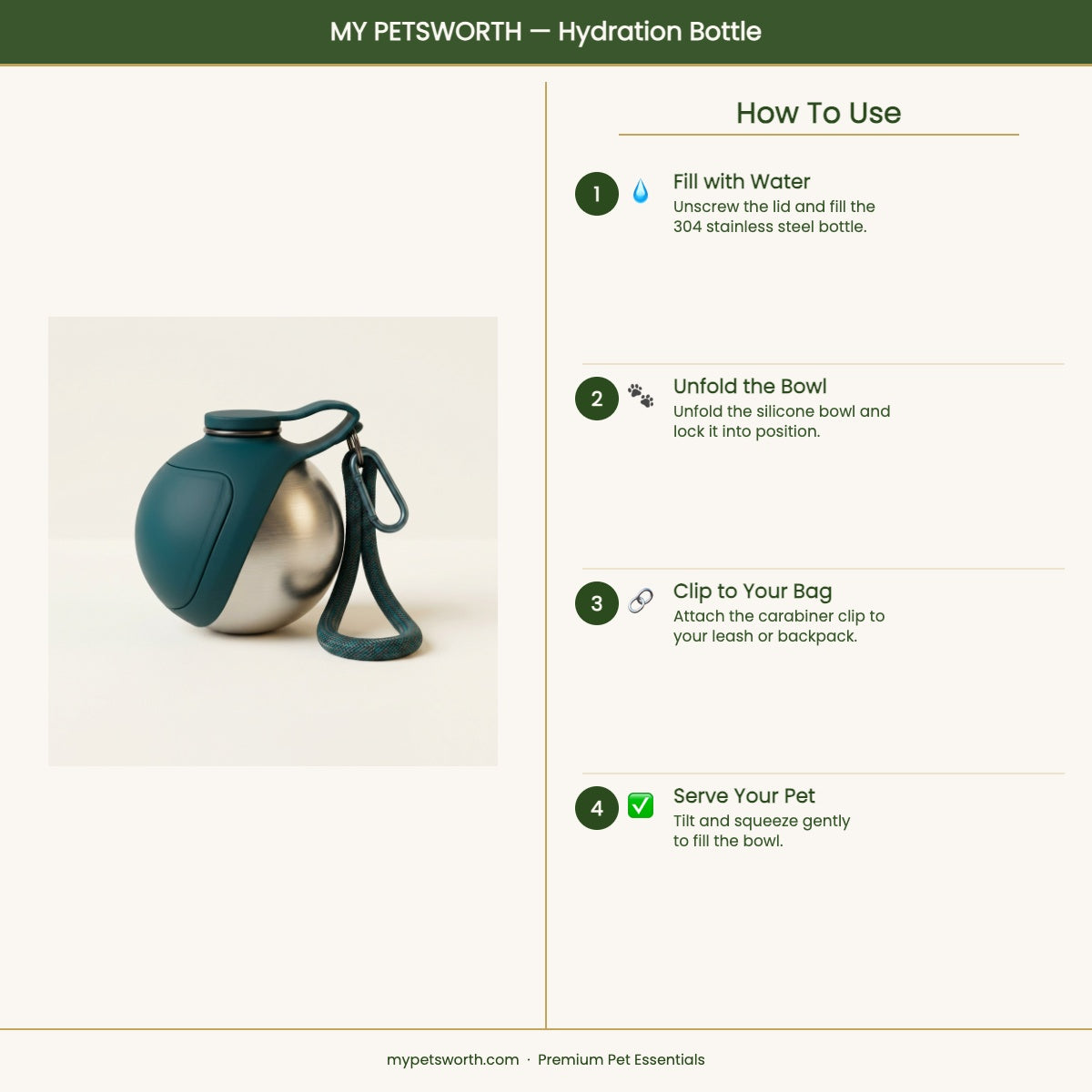 How to use the My Petsworth Hydration Bottle — fill, unfold bowl, clip and serve — My Petsworth