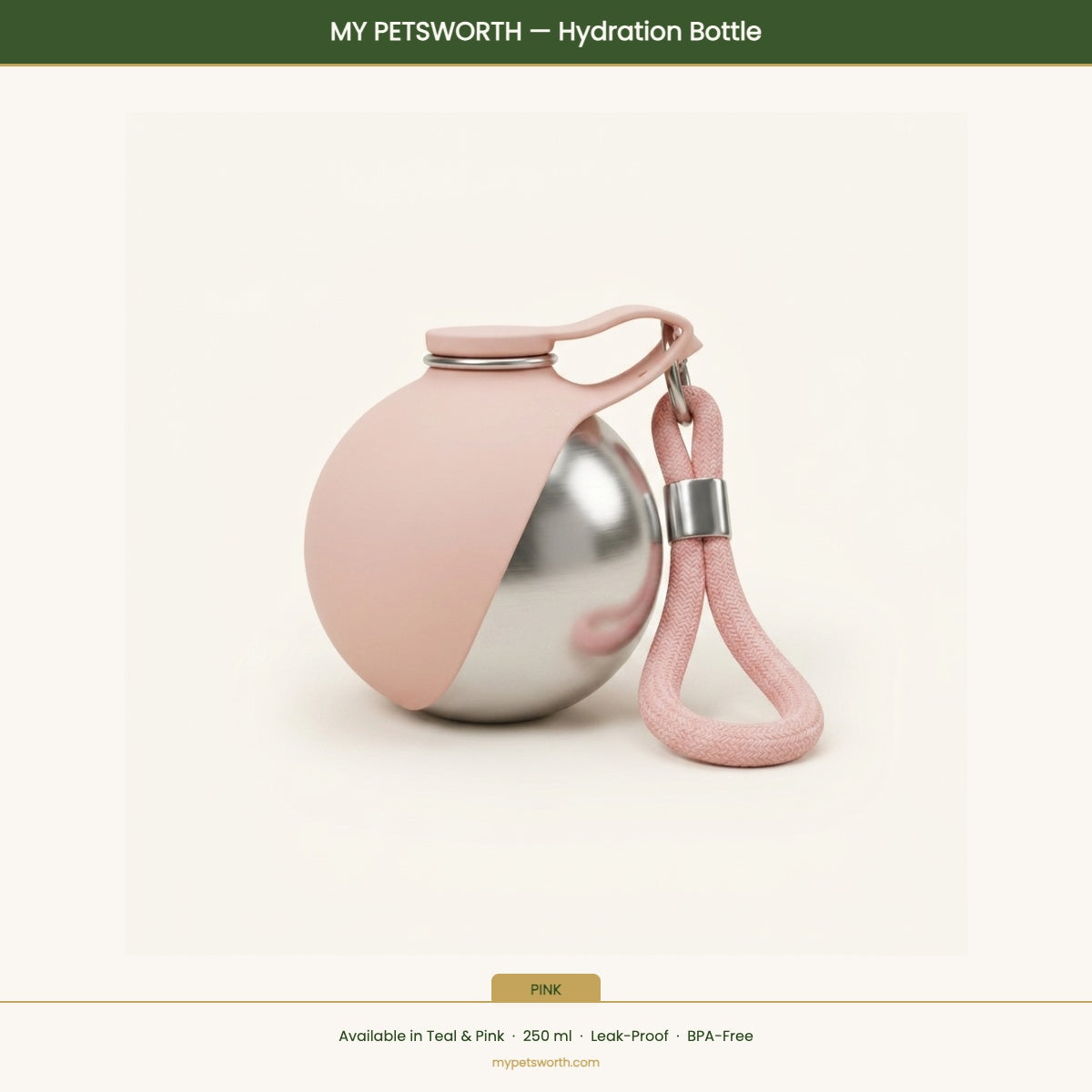My Petsworth Hydration Bottle in pink — 250 ml leak-proof BPA-free — My Petsworth